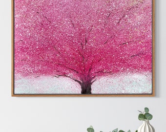 Abstract schilderij roze bloesemboom: originele olieverfschilderij
