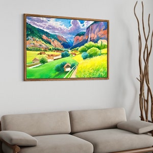 Swiss Mountain Village Landscape Painting, Alpine Charm and Serenity, Mountain Hideaway Tranquil Village Painting in Swiss Alpine Setting