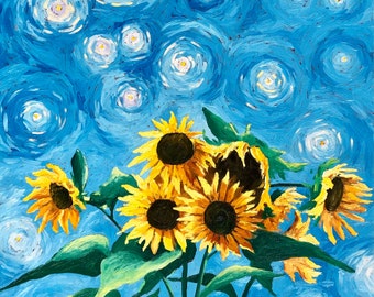 ウクライナのひまわりの油絵 オリジナルアート作品 キャンバスに描かれ