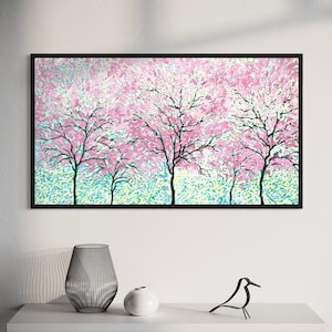 Rosa Blütenbaum Ölgemälde auf Leinwand: Frühlingsgarten Wandkunst