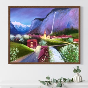 Swiss Mountain Village Landscape Painting, Alpine Charm and Serenity, Mountain Hideaway Tranquil Village Painting in Swiss Alpine Setting
