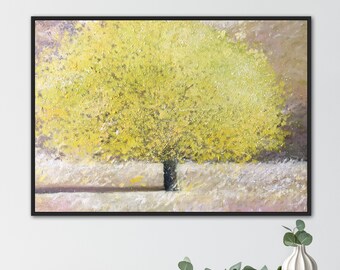 Yellow Tree Abstract Painting, Textured Nature Canvas Art, Modern Landscape Wall Decor In Oil Painting Style