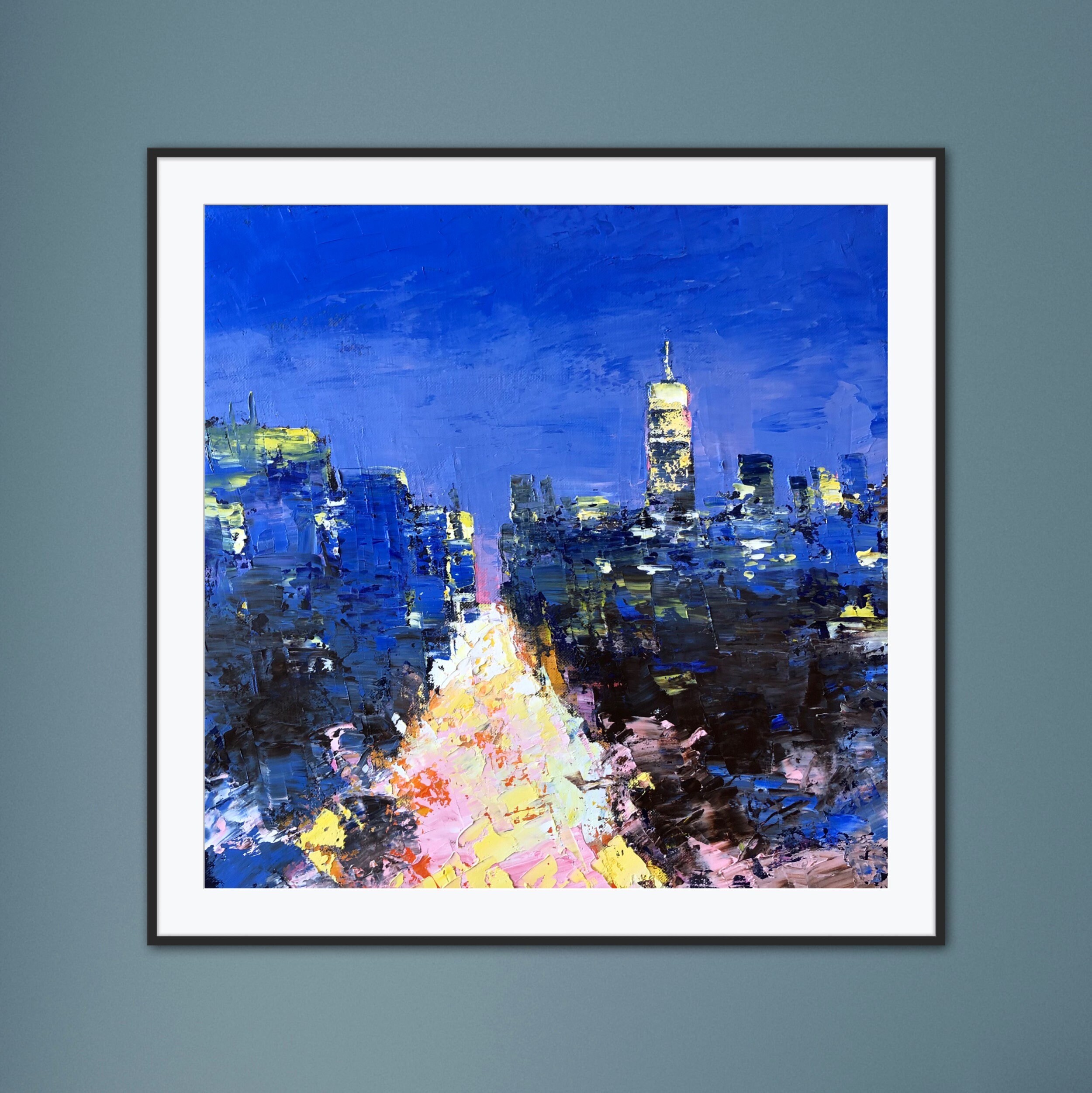 ニューヨークのオリジナル油絵：ニューヨークの夜景、16 x 16インチ
