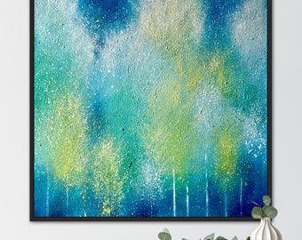 Abstract olieverfschilderij bloesemboom: blauwe en witte canvaskunst (28 x 28 in)