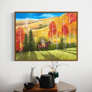 Cowboy horse painting on canvas, Montana canvas art, western landscape cowboy painting, cowboy artwork, wild horse oil painting