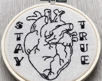 Anatomical Heart and STAY TRUE Quote Hand Embroidery in American Traditional Old School Tattoo Style Wall Art Wall Decor