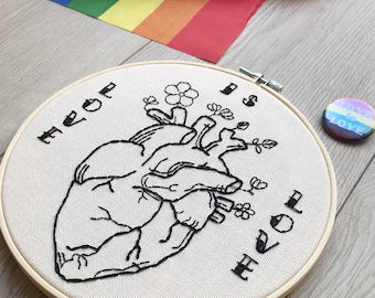 Anatomical Heart and LOVE IS LOVE Lgtbqi+ Quote Hand Embroidery in American Traditional Old School Tattoo Style Wall Art Wall Decor