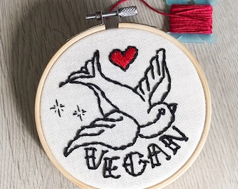 Vegan Sparrow Embroidery Vegan Hoop Art Modern Embroidery American Traditional Old School Sparrow Tattoo Wall Art Wall Decor Vegan Art