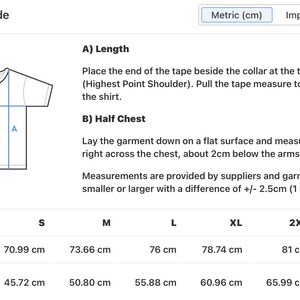 May include: Size guide for a t-shirt with measurements in centimeters for length and half chest. Sizes include S, M, L, XL, 2XL, and 3XL.