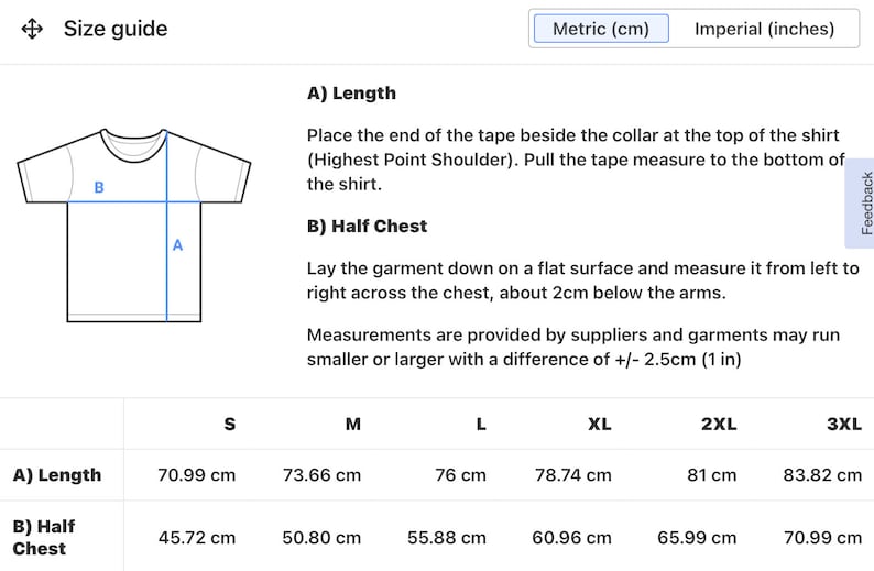 May include: Size guide for a t-shirt with measurements in centimeters for length and half chest. Sizes include S, M, L, XL, 2XL, and 3XL.