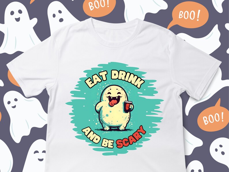 May include: White t-shirt with a green and blue circle graphic featuring a cartoon monster with a red drink and the text "Eat Drink and Be Scary".
