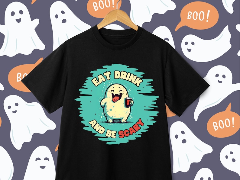 May include: Black t-shirt with a green and white graphic of a cartoon ghost holding a cup of coffee. The text "Eat Drink And Be Scary" is written around the ghost.