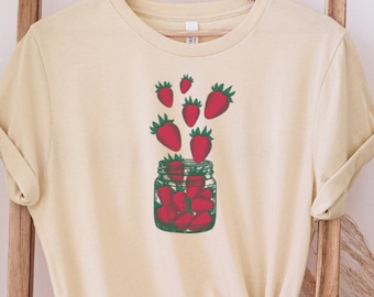 Strawberry in Jar Shirt, Garden Tee, Screen Print T-Shirt, Foodie Clothing Gift, Graphic Tee, Fruits Lovers