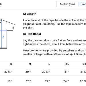 May include: Size guide for a t-shirt with measurements in inches for length and half chest. Sizes include S, M, L, XL, 2XL, and 3XL.
