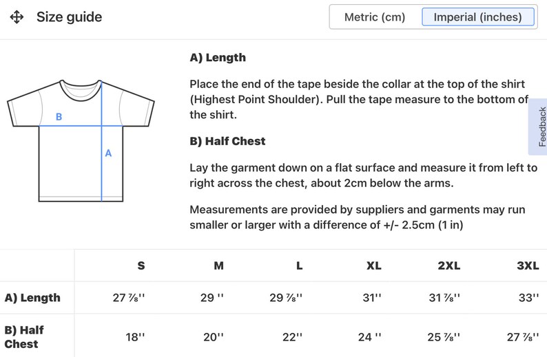 May include: Size guide for a t-shirt with measurements in inches for length and half chest. Sizes include S, M, L, XL, 2XL, and 3XL.
