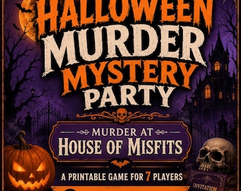 May include: A Halloween murder mystery party game graphic featuring the text "Halloween Murder Mystery Party" and "Murder at House of Misfits". The design includes a jack-o'-lantern, a skull, a haunted house, and a full moon on a purple background.