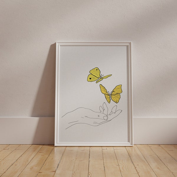 Yellow Butterfly PRINTABLE WALL ART, Butterfly Hand Print, Yellow Line Art, minimalist yellow art print, digital download