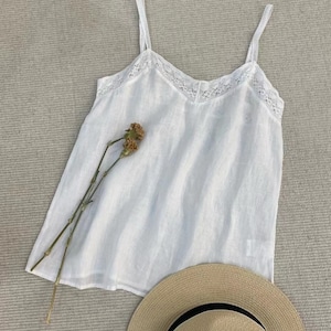 Leinen Leibchen, Frauen Top, Leinen Slip Bluse, Leinen Beach Top mit Spitze, Leinen Cami, Leinen ärmellos, verstellbarer Schulter Gürtel, Unterbekleidung