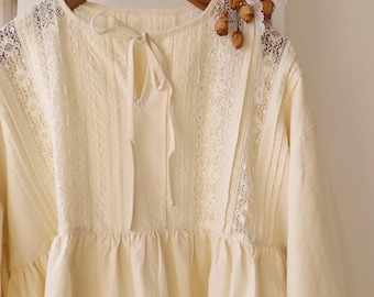 cotton linen mixed blouse, long sleeves shirt, women oversized shirt, lace and embroidery