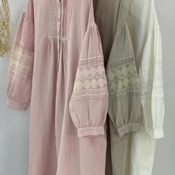 Robe en lin 2024, avec manches longues en dentelle, couleur rose, une pièce blanche, robe longue pour femme, plissée sur le devant, robe ouverte sur le devant, robe décontractée