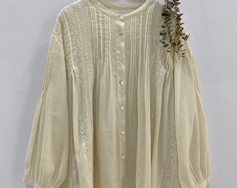 women ramie blouse with lace, long sleeves, casual blouse, women tops, ramie tops, OOTD, collarless blouse, flax, linen