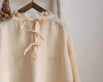 blusa de lino, camisa de lino, mangas largas, blusa con volantes, pajarita, color beige, estilo vintage, top/camiseta de mujer, blusa de gran tamaño