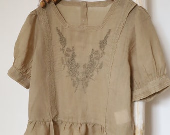 Ramie blouse, french top, vintage style, embroidery blouse, short sleeves, square collar