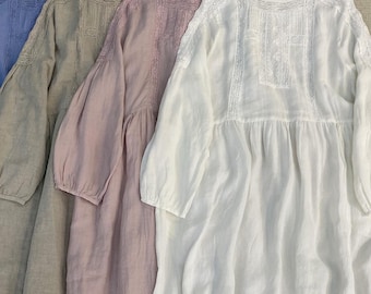 Linen Long Sleeve Dress with Lace & Pockets