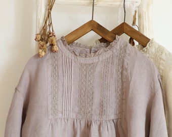 2022 linen blouse, long sleeves with lace and embroidery, linen skirt with ruffles, victorian blouses