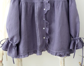 linen blouse, linen shirt, edged with lace, bow tie sleeve, ruffle blouse, white and bluish violet, vintage style