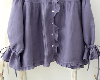 linen blouse, linen shirt, edged with lace, bow tie sleeve, ruffle blouse, white and bluish violet, vintage style