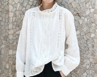 linen blouse, lace blouse, long sleeves, white blouse, with embroidery, women top, oversized blouse, summer shirt, lady blouse