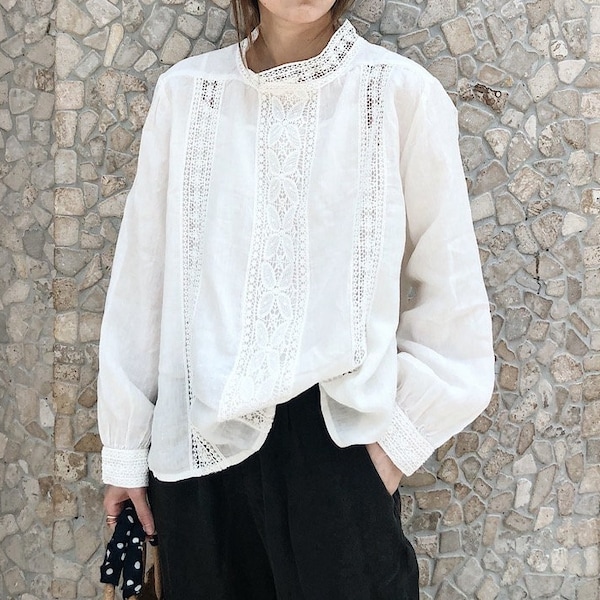 linen blouse, lace blouse, long sleeves, white blouse, with embroidery, women top, oversized blouse, summer shirt, lady blouse