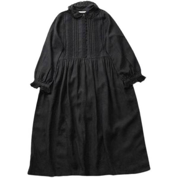 Linen Temperament Lapel Piece Lace Dress