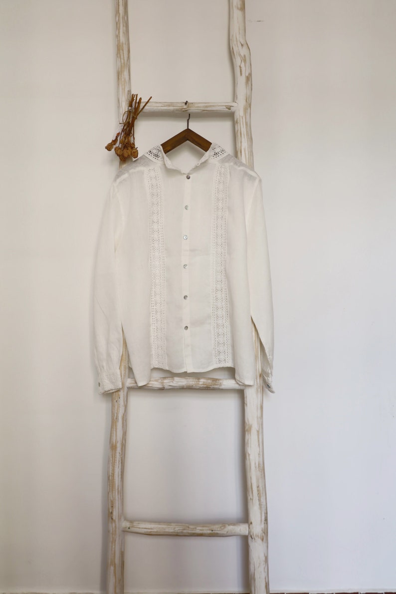 linen blouse, lace blouse, long sleeves, white blouse, with embroidery, women top, oversized blouse, summer shirt, lady blouse zdjęcie 3