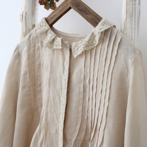 lace blouse, linen blouse, lace collar, ruffle decoration, linen skirt, flax blouse, white, nature linen color