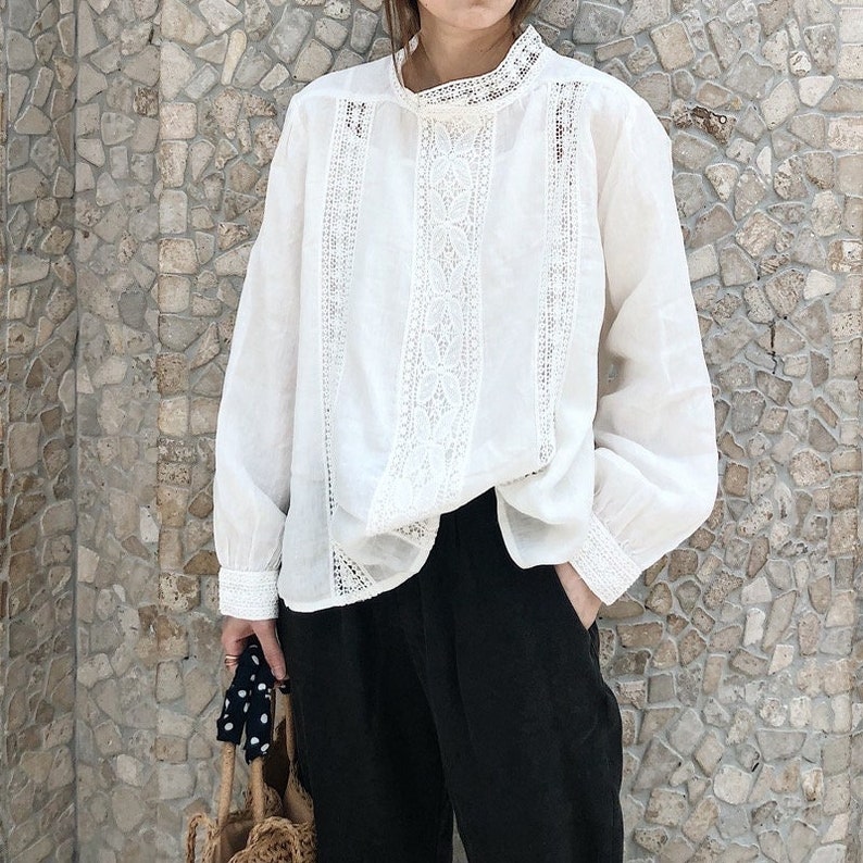 linen blouse, lace blouse, long sleeves, white blouse, with embroidery, women top, oversized blouse, summer shirt, lady blouse zdjęcie 1