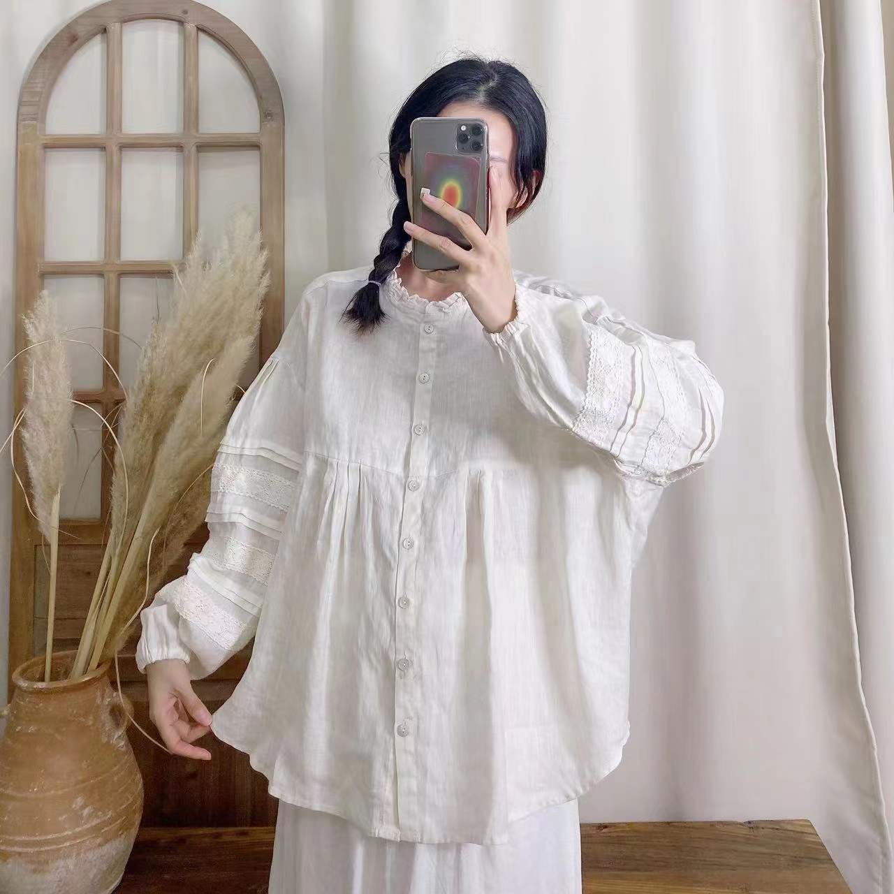 Linen Lace Sleeve Blouse & Skirt Set