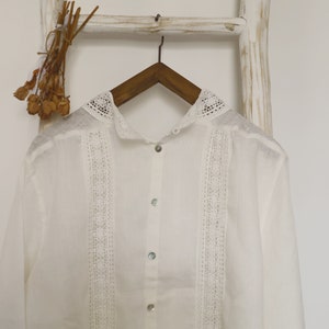 linen blouse, lace blouse, long sleeves, white blouse, with embroidery, women top, oversized blouse, summer shirt, lady blouse zdjęcie 4