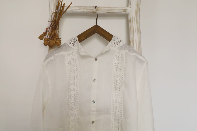 linen blouse, lace blouse, long sleeves, white blouse, with embroidery, women top, oversized blouse, summer shirt, lady blouse zdjęcie 4