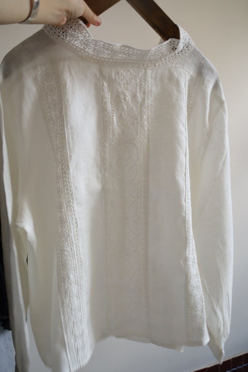 linen blouse, lace blouse, long sleeves, white blouse, with embroidery, women top, oversized blouse, summer shirt, lady blouse zdjęcie 2