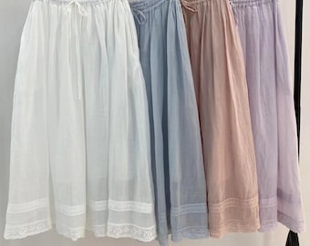 Ramie Midi Skirt with Pockets: Elastic Waist, Lace Trim