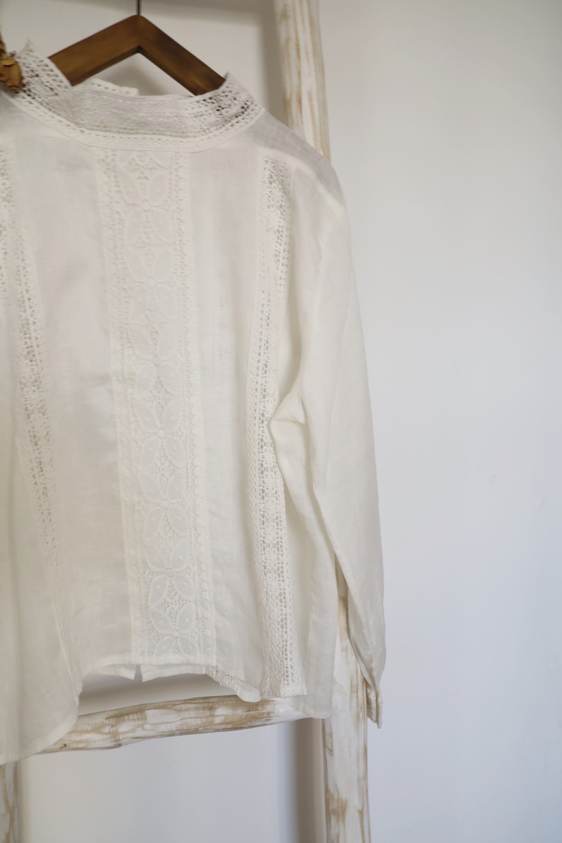 linen blouse, lace blouse, long sleeves, white blouse, with embroidery, women top, oversized blouse, summer shirt, lady blouse zdjęcie 6