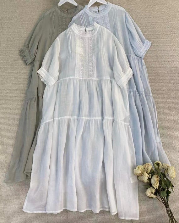 Oversized Ramie Dress: Short Sleeve Midi With Pockets - Etsy