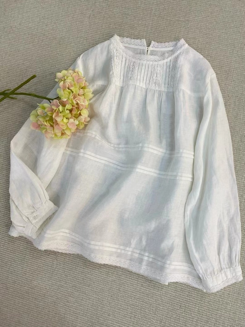 2024 linen blouse with lace, big size blouse, loose blouse, linen shirt, pleated blouse, long sleeves, spring blouse, casual wearing image 9