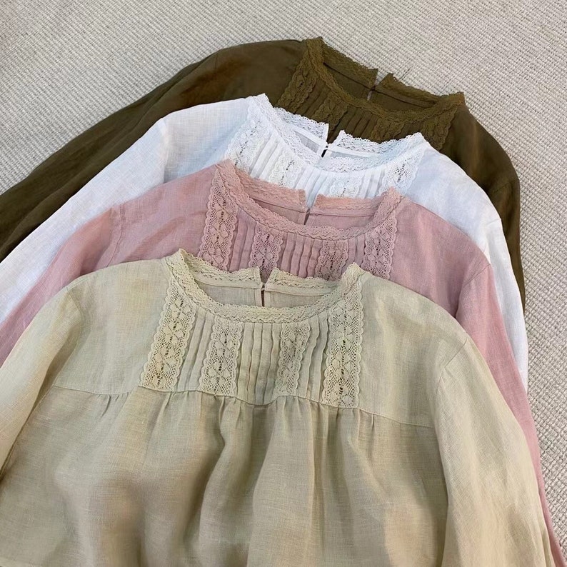 2024 blusa de lino con encaje, blusa talla grande, blusa holgada, camisa de lino, blusa plisada, mangas largas, blusa de primavera, uso casual imagen 1