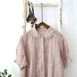 linen blouse, peter pan collar, linen shirt, lace embroidered blouse, ruffle blouse, white, pink, romantic flower