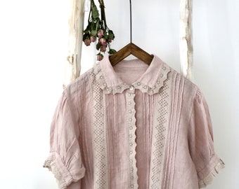 linen blouse, peter pan collar, linen shirt, lace embroidered blouse, ruffle blouse, white, pink, romantic flower