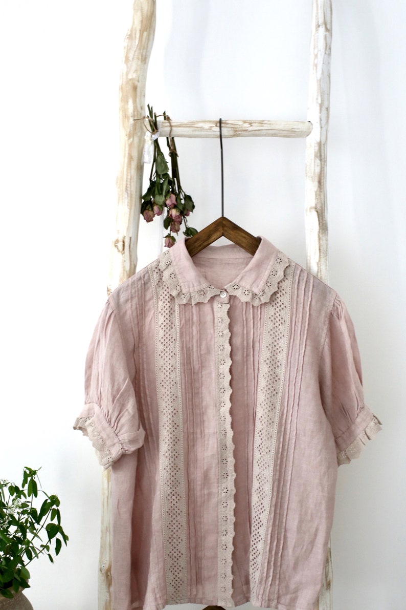 Linen Blouse, Peter Pan Collar, Linen Shirt, Lace Embroidered Blouse