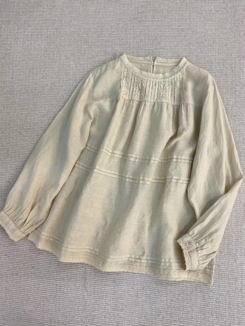 2024 blusa de lino con encaje, blusa talla grande, blusa holgada, camisa de lino, blusa plisada, mangas largas, blusa de primavera, uso casual imagen 6